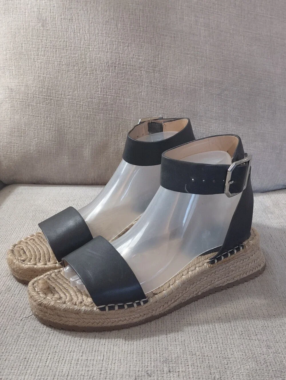 ANTONIO MELANI Black Leather Espadrille Platform Sandals Size 9.5